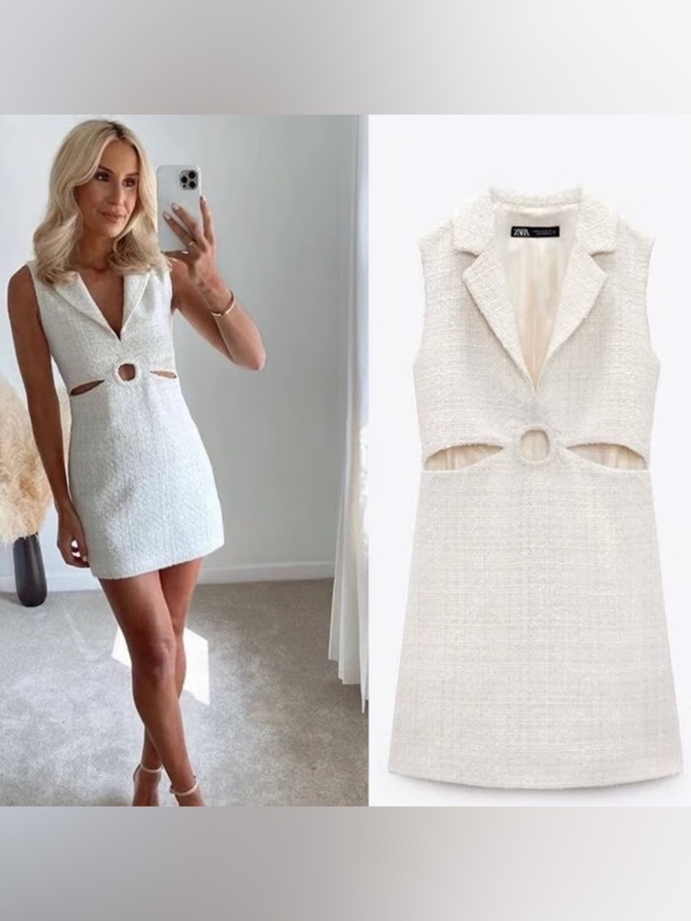 NWT Zara White Sleeveless Tweed Mini Dress with Keyhole Cutouts